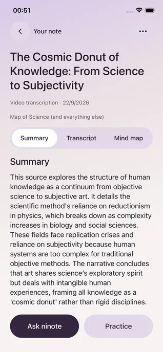 ninote summary alongside the original transcript